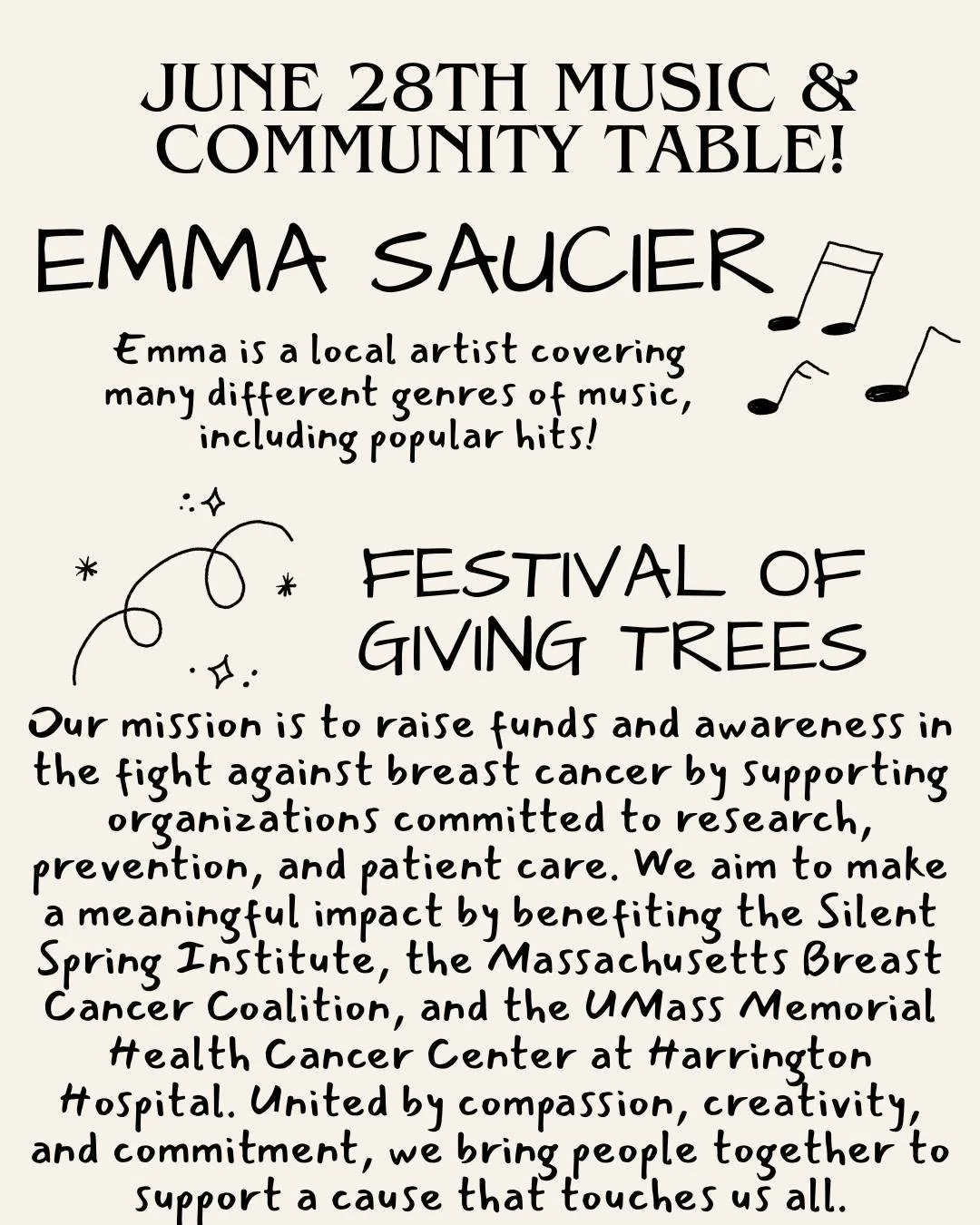 🎶This Sunday we have Emma performing for us! You don't want to miss her, she is seriously amazing!

⚕️Swing by the Festival of Giving Trees table and support their cause to raise breast cancer awareness. You can purchase their July calendar raffles 