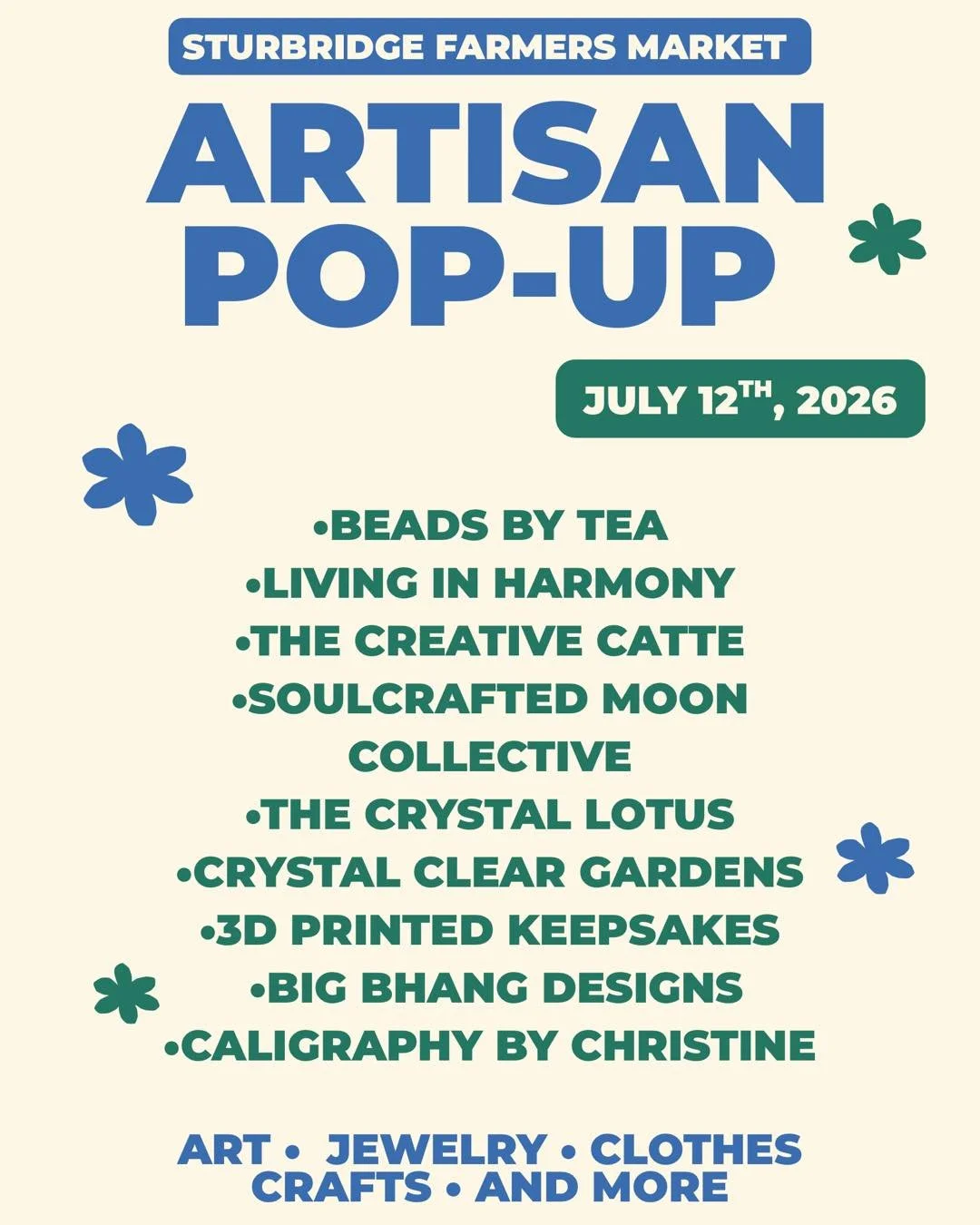 ☀️We have 9 awesome artisan vendors joining us this Sunday, July 12th!

🪴Come support local artisans along with our regular vendors! We have Jewelry, Clothes, Plants, Crystals, and much more!

🩷Double stamp day! Come by the managers tent like usual