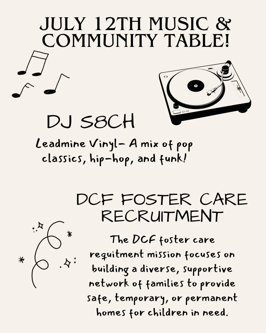 ☀️This Sundays music and community table!

🎼Leadmine Vinyl is coming out with some great songs around 10:30a. Enjoy some tunes while supporting local!

🌿Stop by our Community Table, DCF Foster Care Recruitment. Learn more about their cause this Sun