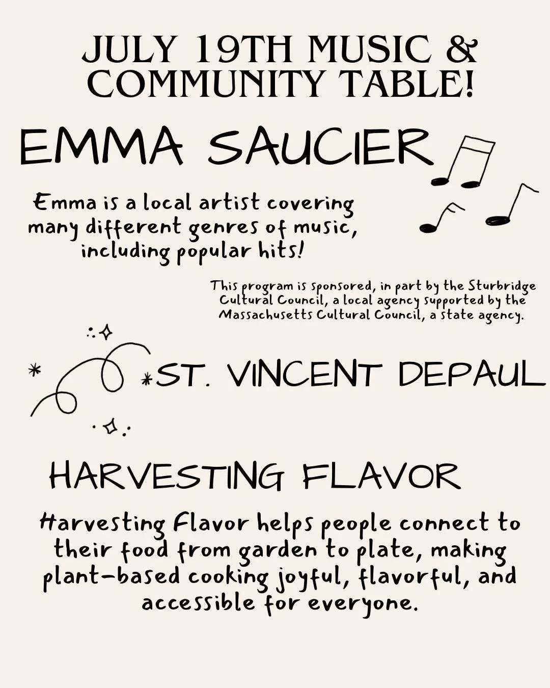 ⭐️Our music and Community Tables for this Sunday!

🎶Emma is performing again for us, she is amazing! Shop local and hang around to listen to live music. 

🌿2 Community Tables! St. Vincent DePaul will be selling raffle tickets for their scratch tick