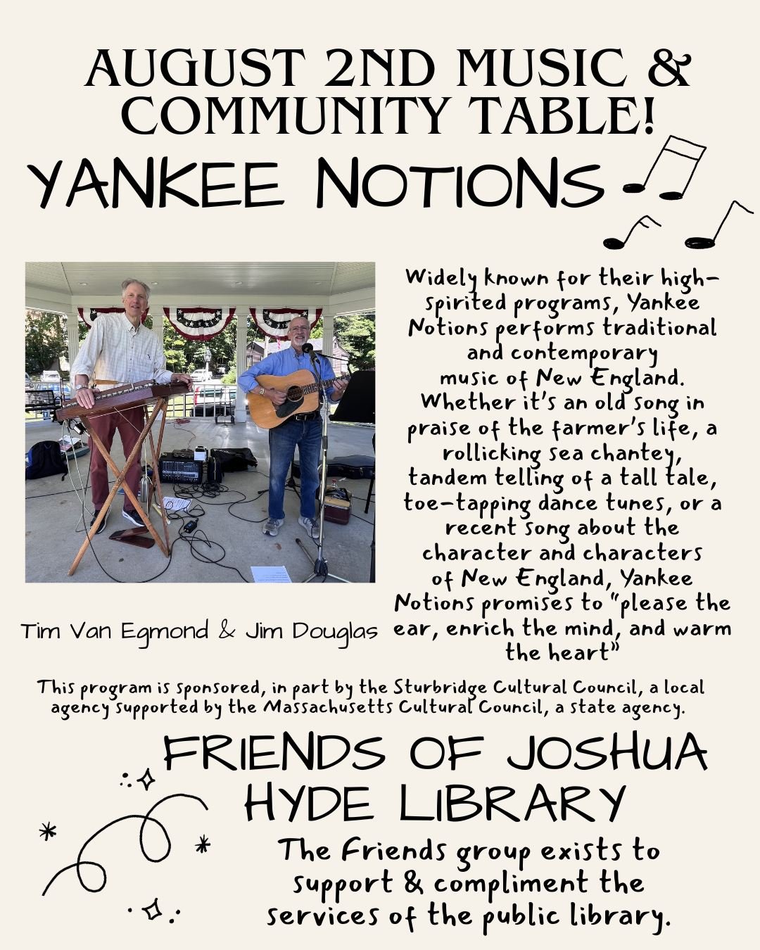 ☀️Sunday August 2nd Music and Community Table!

🎶Yankee Notions is back for their final concert with us. You don't want to miss out on this unique musical experience. Listen while you shop, or throw down a blanket and have a picnic! Both Tim and Jim