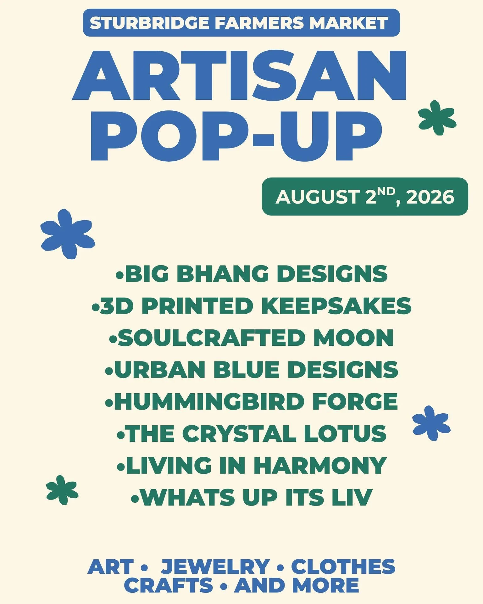 ✨August 2nd Artisan Pop-Up!

🧵This is our second Pop-Up of the 2026 Season, and we are looking forward to it! We have 8 awesome local artisans joining us!

🌿We have tie dye, plants, crystals, jewelry- there's something for everyone! Come visit and 