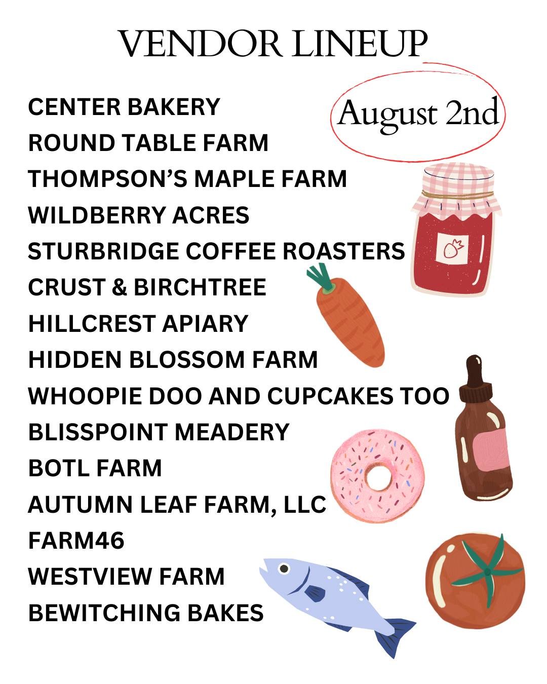 ☀️Sunday August 2nd Vendor Lineup!

☔️Let's hope for the rain to go away! We've had 8 great markets this season, and I hope the same for this market.

🍓We have over 30 vendors joining us with all of your favorites. From cookies to fresh peaches, kom