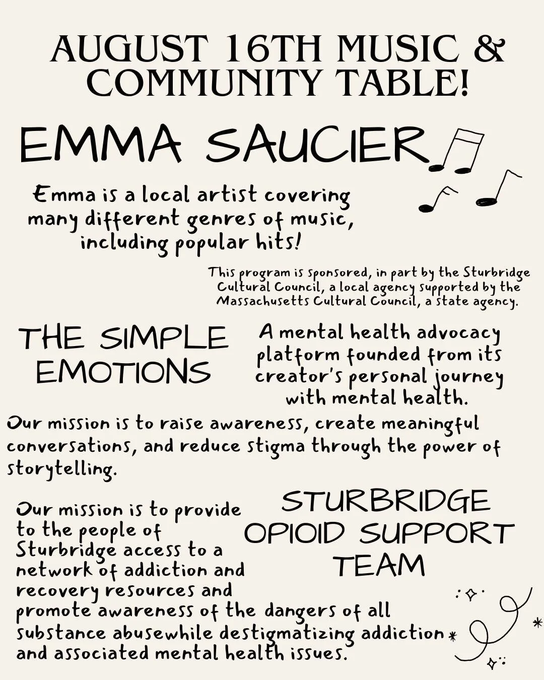 ☀️Sunday August 16th Music and Community Table!

🎶Emma Saucier is back! I can't stop hyping her up, she is actually amazing! I've heard a rumor that she'll be playing Black Betty this weekend as a special request from one of our vendors. Stop by to 