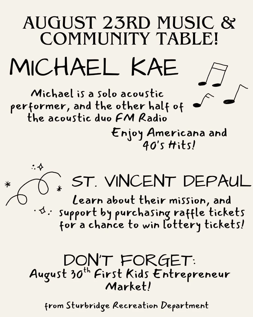⭐️Our Music and Community Table for this Sunday!

🎶Michael Kae is joining us this Sunday. Stop by to support him, and enjoy some Americana and 40's acoustic hits. Catch him at local spots around town following his market appearance-like Oakholm Brew