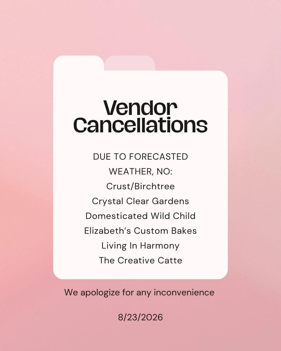 ❗️TODAY, AUGUST 23rd VENDOR CANCELLATIONS❗️

☔️Due to the forecasted rain, some vendors have had to back out of market today. We apologize for any inconvenience. 

🩷We still hope to see you soon! #sturbridgefarmersmarket #sturbridge #thingstodo #rai