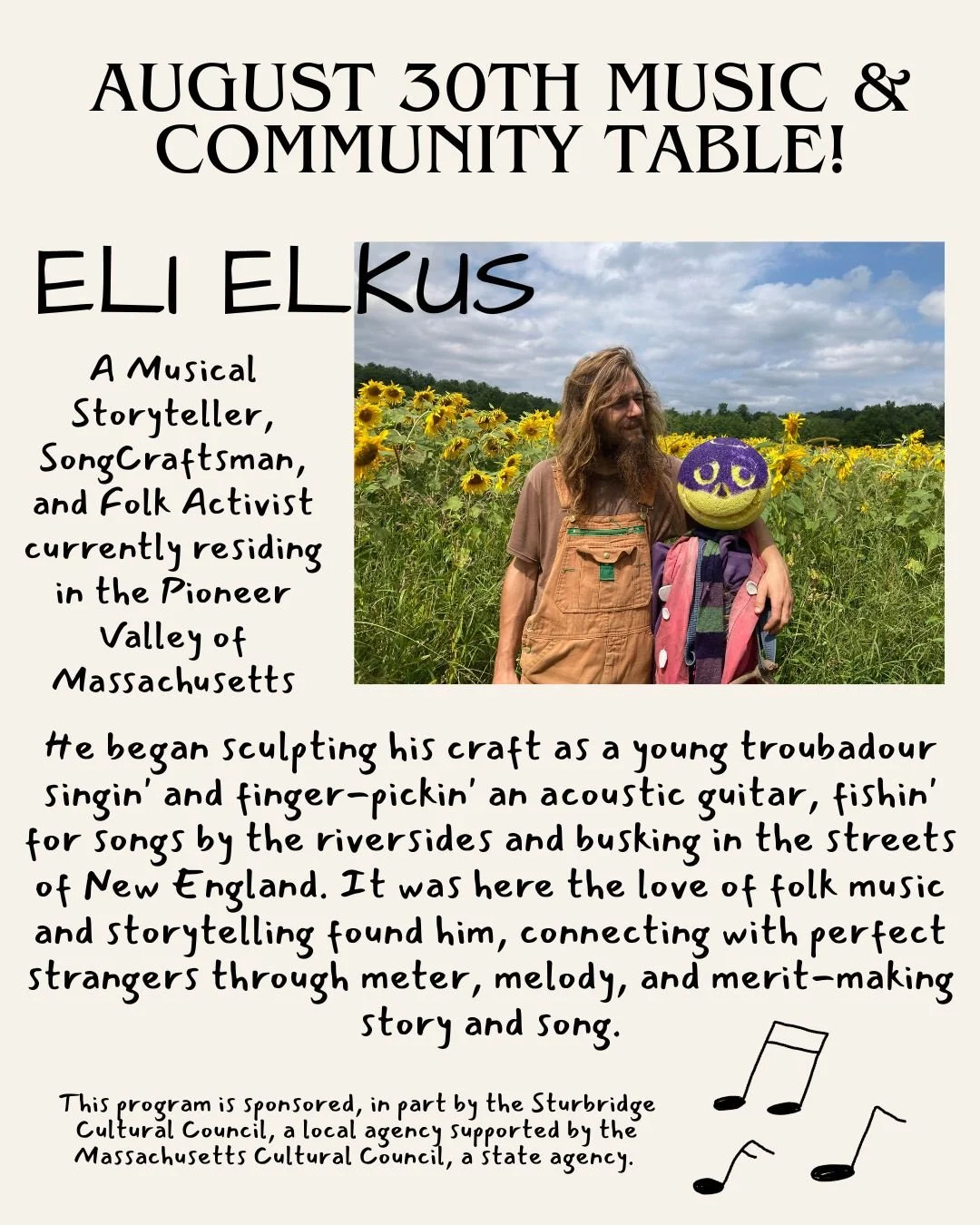 ✨Sunday August 30th Music and Community Tables!

🎶Eli Elkus is joining us this Sunday! He'll be playing from 10a-1p and storytelling through his music. A perfect day to bring the whole family around and enjoy his craft!

👧🏻Sturbridge Recreation wi