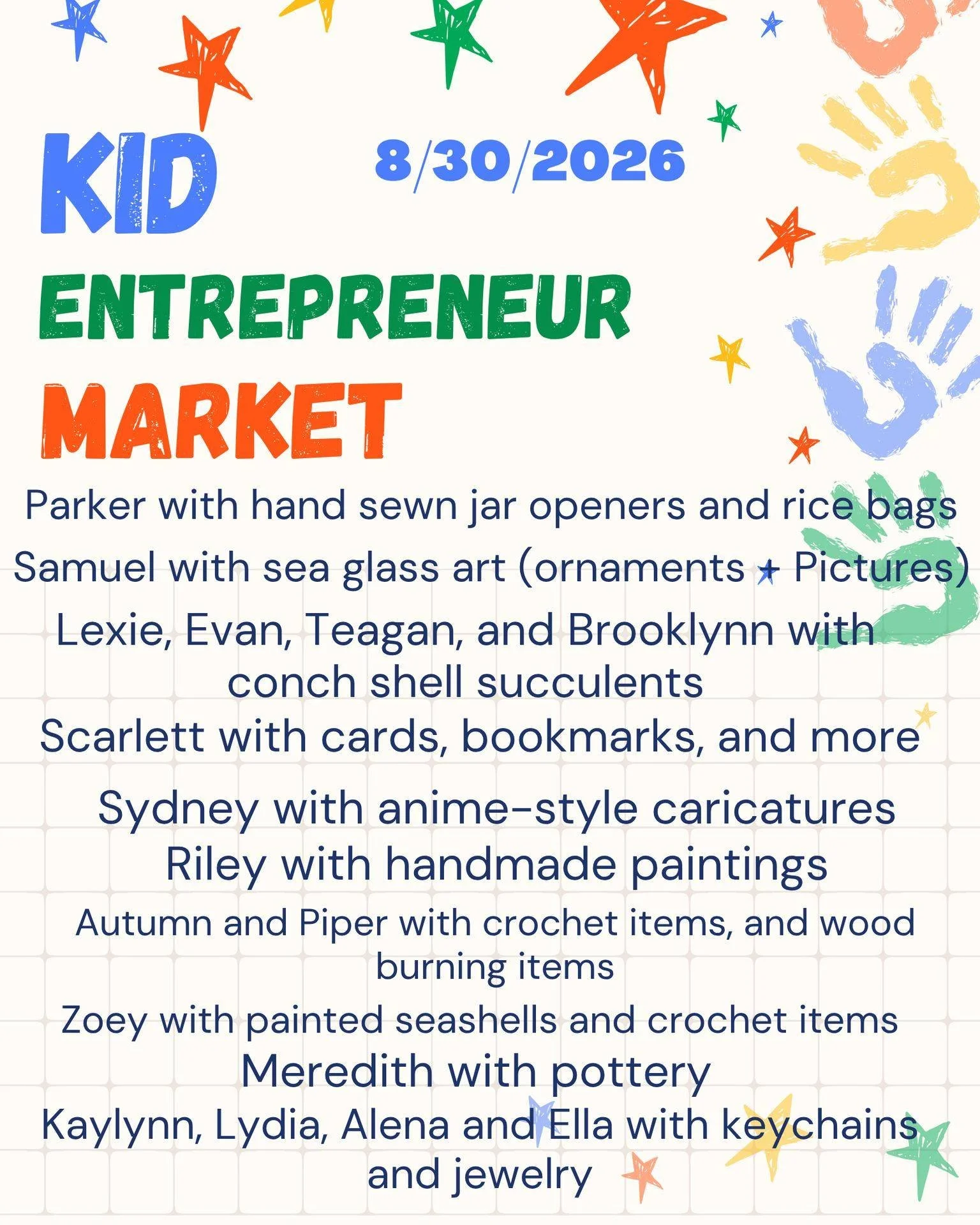 ☀️It's finally here- the first Kids Entrepreneur Market! We are excited to have 10 awesome businesses joining us on Sunday August 30th during the Farmers Market.

🤲🏼We have so many different items, from a wide range of ages. From 2nd grade to 8th, 