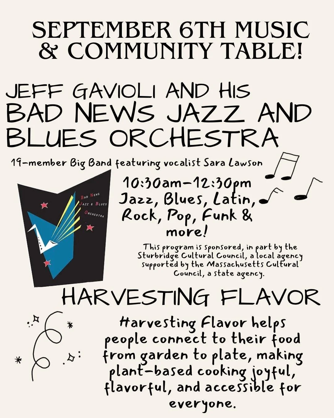 ⭐️Our music and Community Tables for this Sunday!

🎶Bad News Jazz and Blues Orchestra is performing from 1030a-1230p. You don&rsquo;t want to miss them! Bring a chair or blanket and hang around!

🌿Harvesting Flavor will be set up, and sharing infor