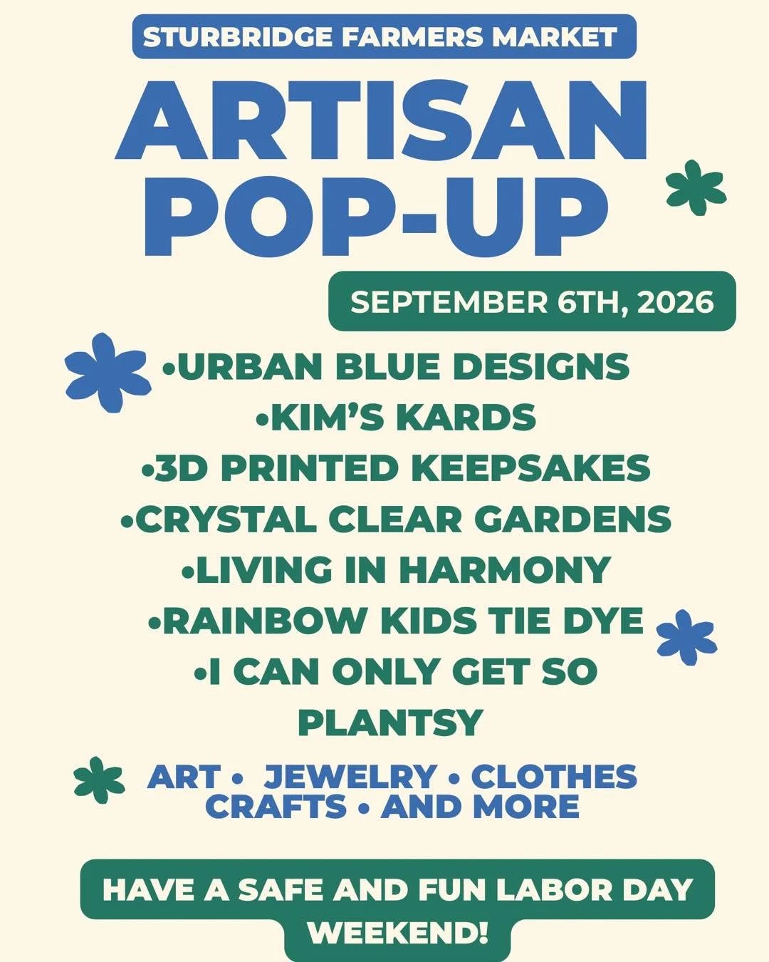 ✨September 6th Artisan Pop-Up!

🧵This is our third Pop-Up of the 2026 Season, and we are looking forward to it! We&rsquo;ll have one more on October 4th if you can&rsquo;t make it this weekend! 

🌿We have tie dye, plants, crystals, jewelry- there's