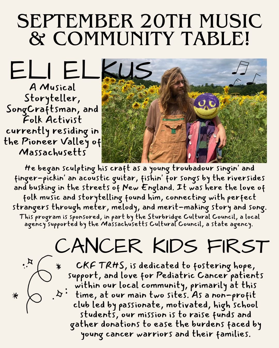 ✨Sunday September 20th Music and Community Table!

🎶Eli Elkus is joining us this Sunday! He'll be playing from 10a-1p and storytelling through his music. A perfect day to bring the whole family around and enjoy his craft!

🏫Cancer Kids First TRHS i