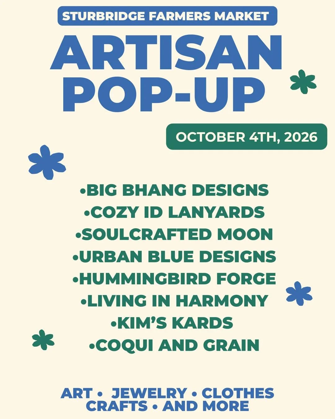 ✨October 4th Artisan Pop-Up!

🧵This is our final Pop-Up of the 2026 Season, it&rsquo;s gone by so fast! 

🌿We have tie dye, jewelry, cards- there's something for everyone! Come visit and support local crafters this Sunday.

🩷Double stamp market? Y