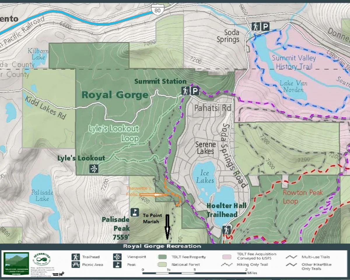 The gold dotted line marks the Sierra Watch Trail.