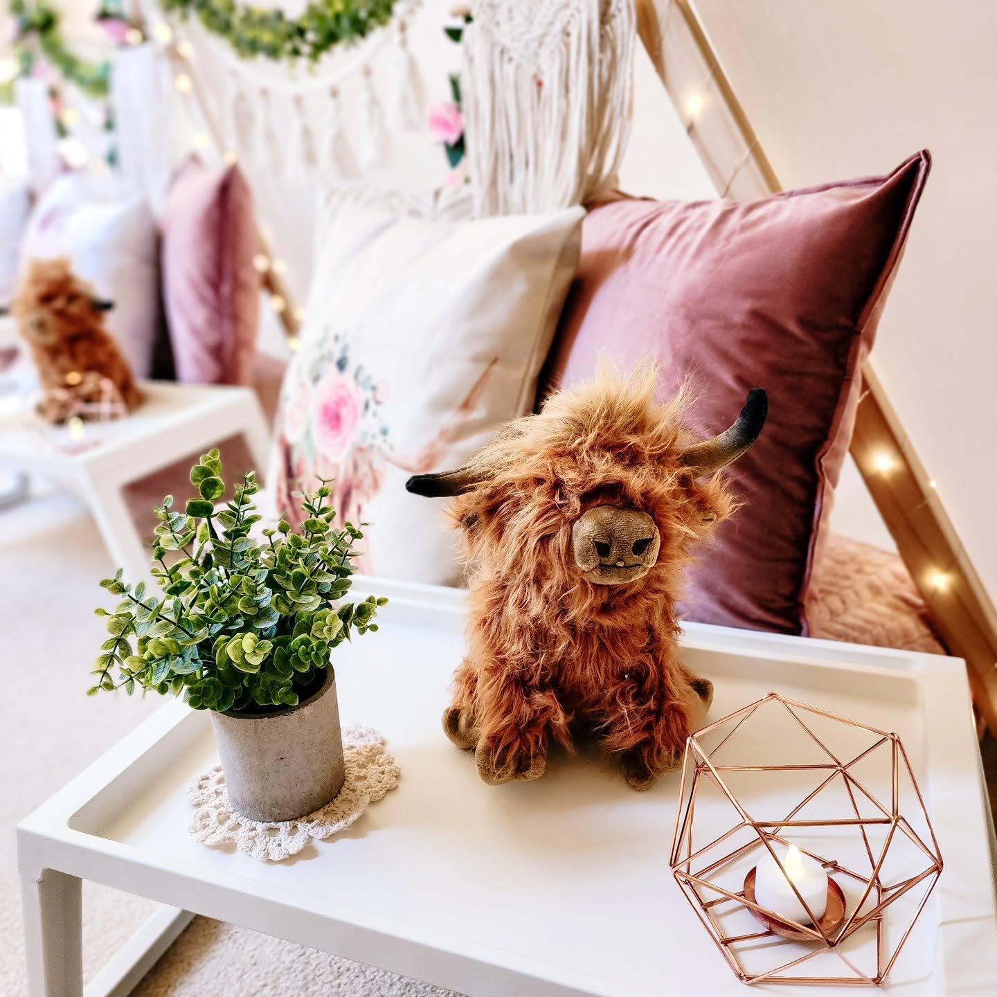 Sylvie celebrated her 12th birthday with a delightful Boho Highland Cow-themed sleepover. The color palette for this theme is stunning and is perfect for older girls.

#whimsylittleteepeeco #whimsylittleteepeenc #whimsysleepover #littleteepee #little