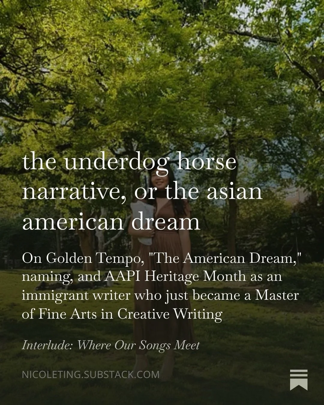 &ldquo;It&rsquo;s the underdog horse narrative, or the Asian American Dream, to shed guilt, invisibility, and debt. To persist not only through grief but in joy and truth. To carve out a life that holds up and stands on its own. To exist not halfway,