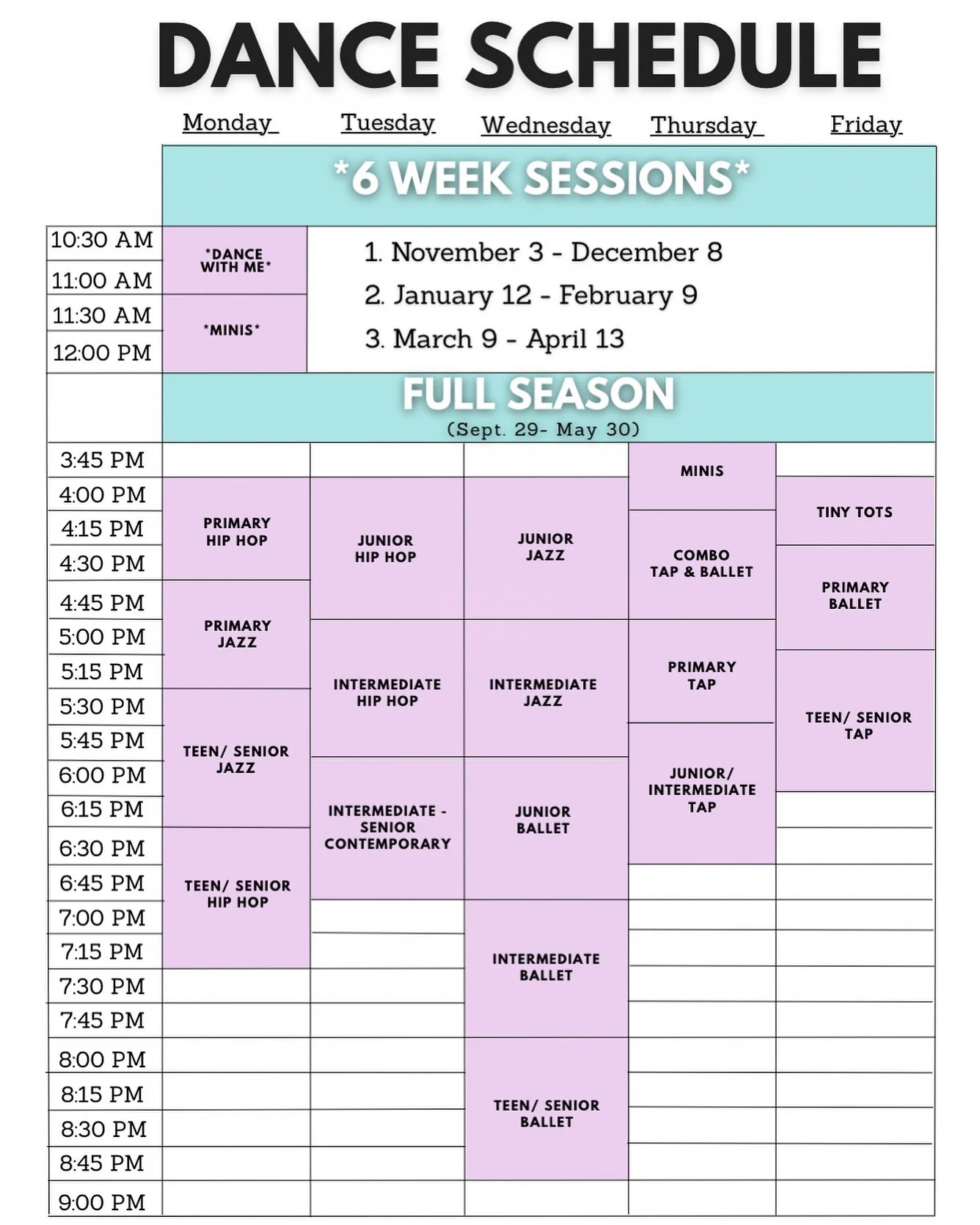 SCHEDULE UPDATE!!!
💛 Teen/ Senior Tap: FRIDAY 5:15-6:15 PM 💛
ENROLLMENT: www.aurastudiopv.com