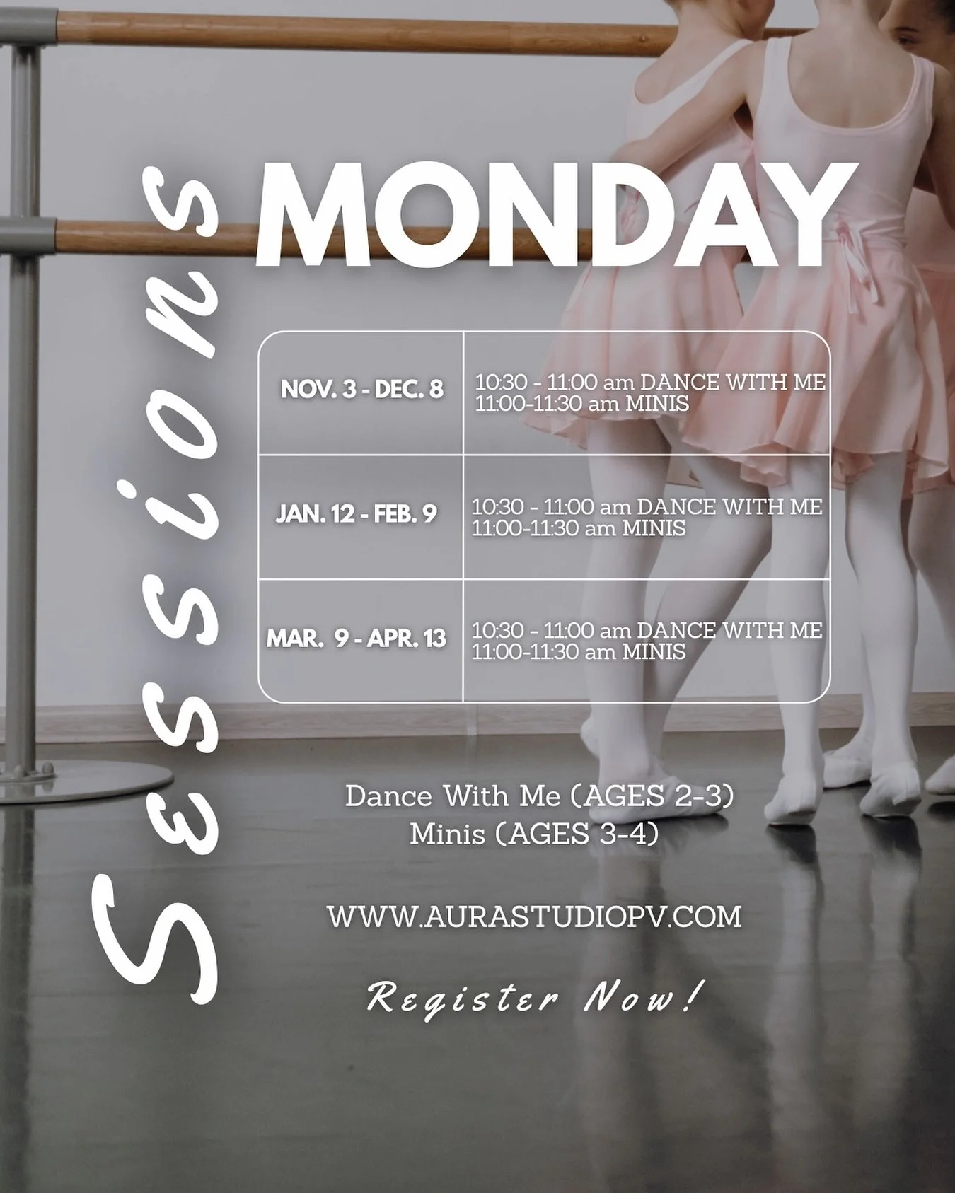 ✨6 Week Sessions✨
Our first Monday Dance Session is starting soon but there is still time to register. 🩰
Sign up today!
WWW.AURASTUDIOPV.COM