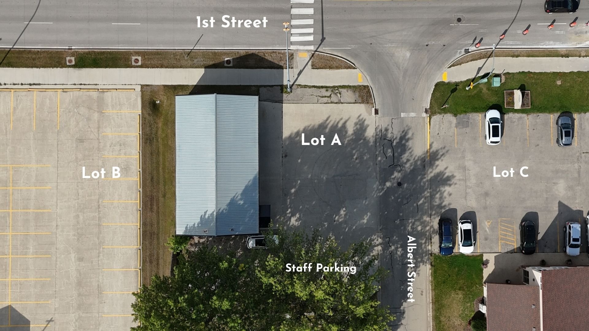 Aerial view of a parking lot showing labeled sections.