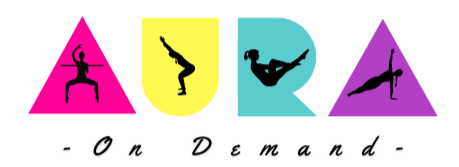 Colorful alphabet spelling out 'AURA' with each letter in a different color and illustration of pilates & barre poses inside the letters