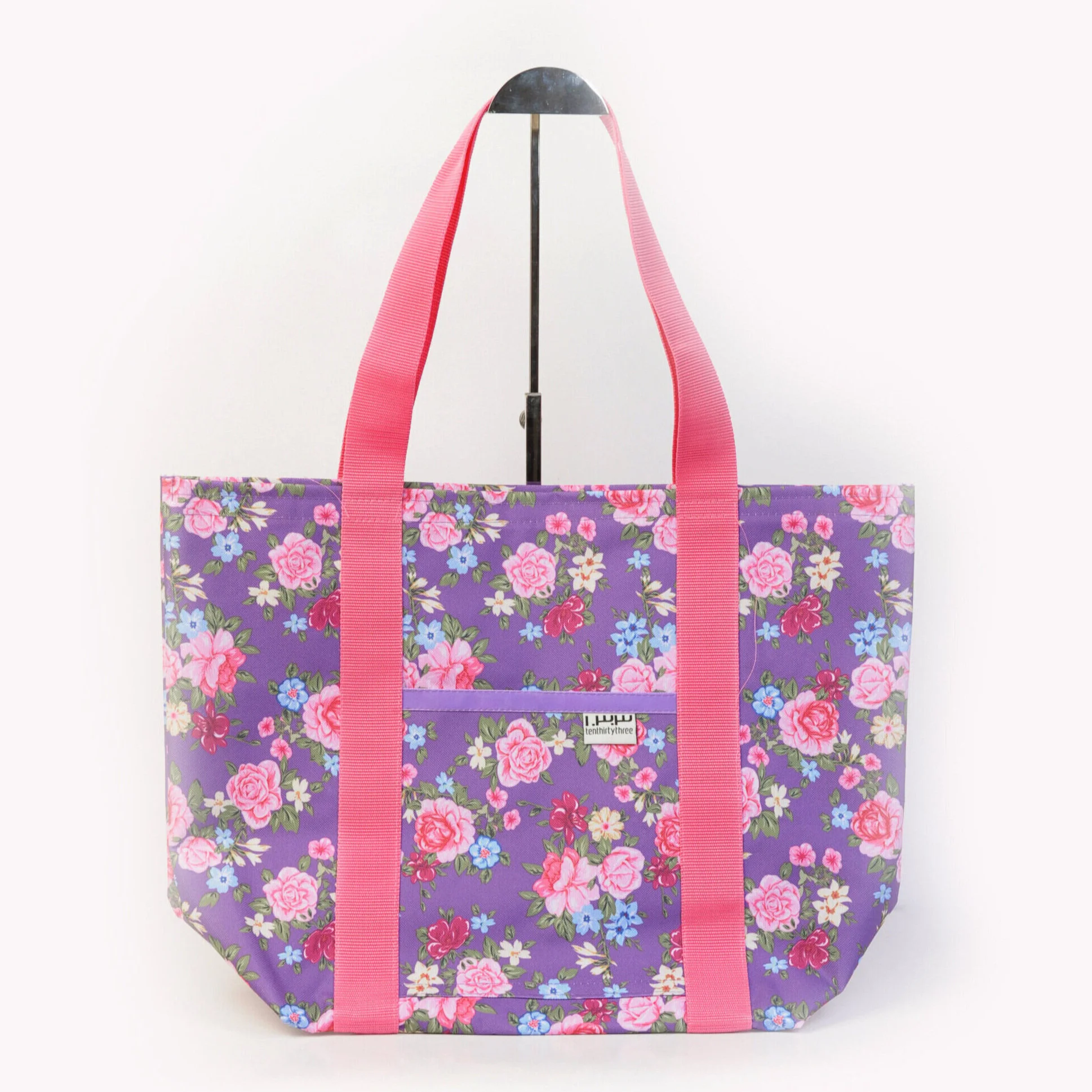 Purple Flower Power Market Tote Pink Strap Medium
