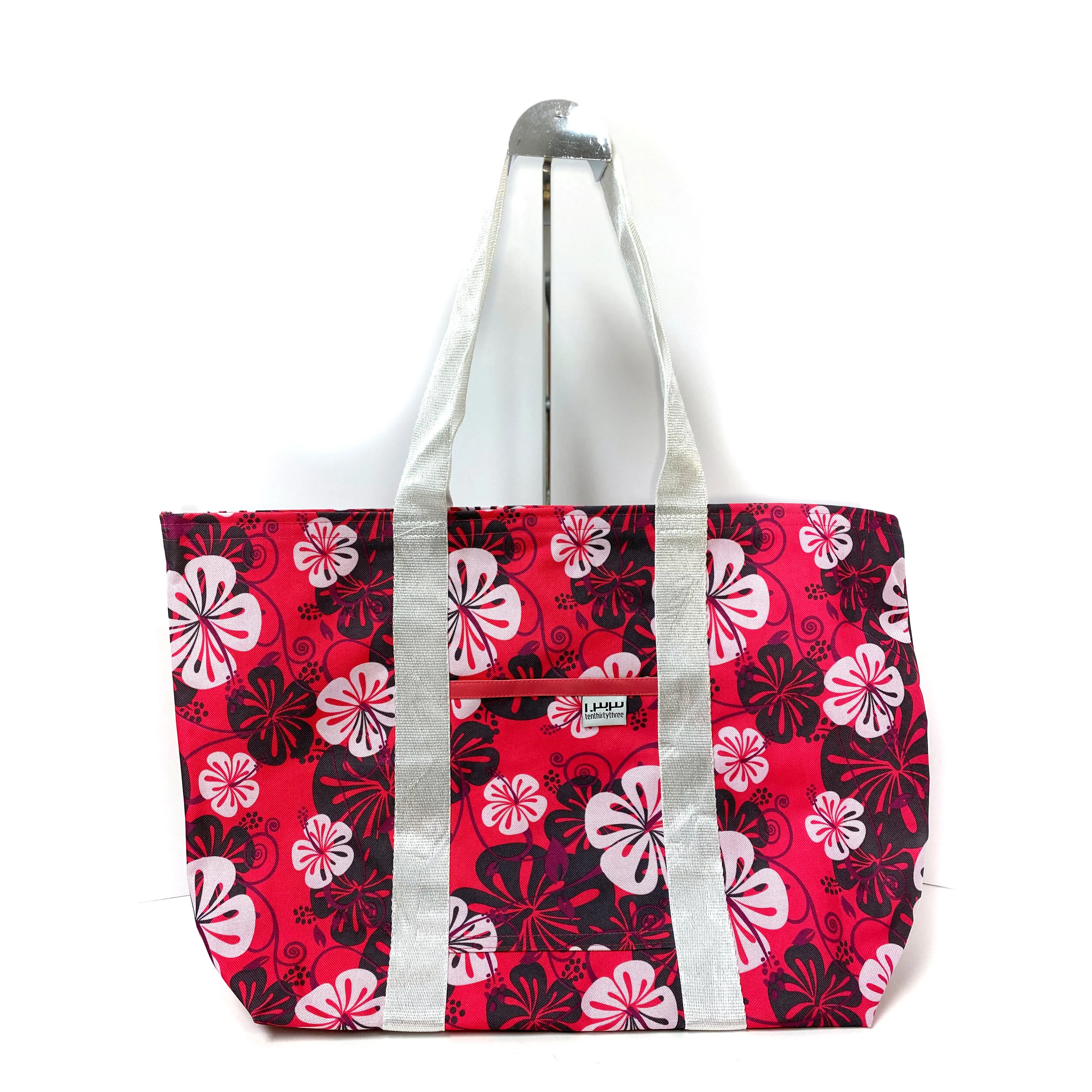 Hot Pink Hawaiian Market Tote Large 
White Sparkle Strap