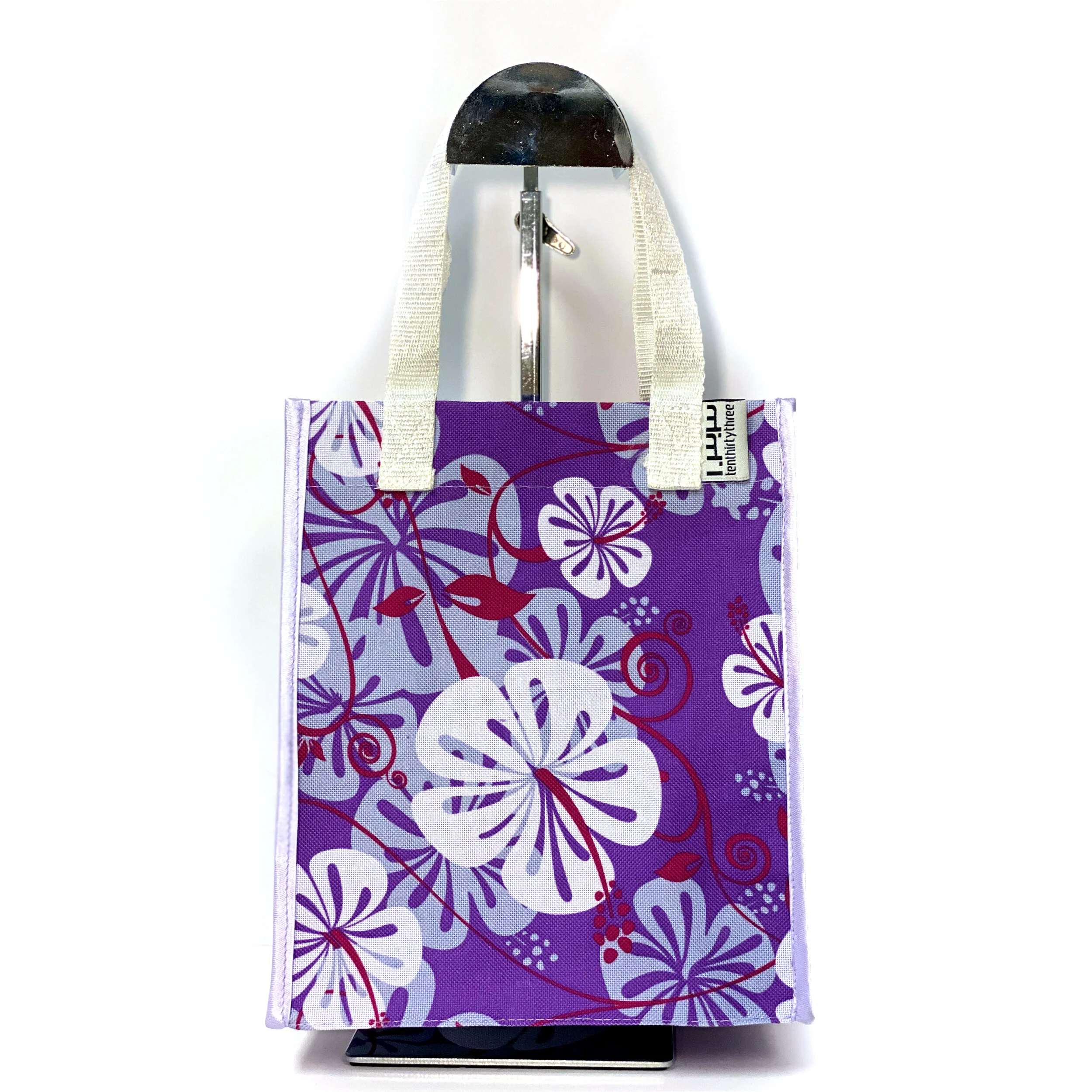 Hawaiian Tiny Tote with White Sparkle Strap and Lilac Bias