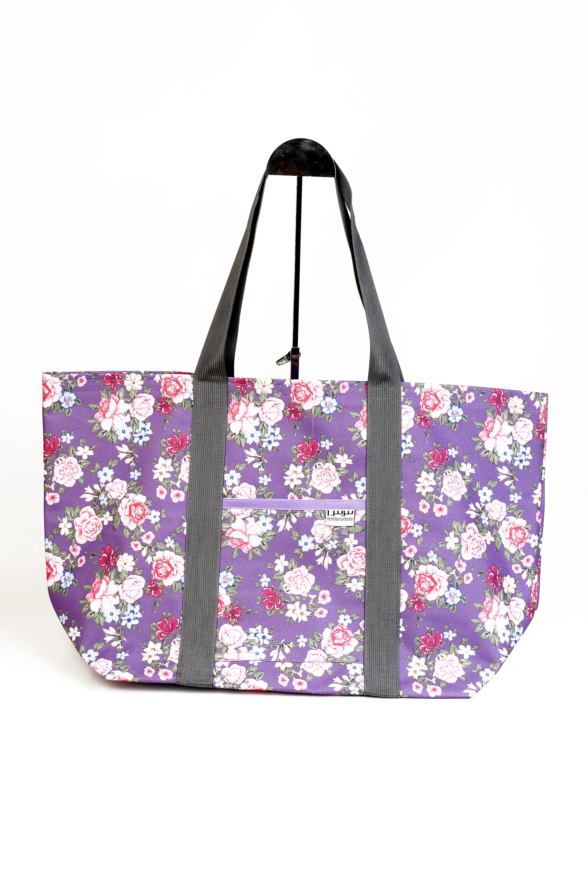 Purple Flower Power Market Tote Large Grey Strap
