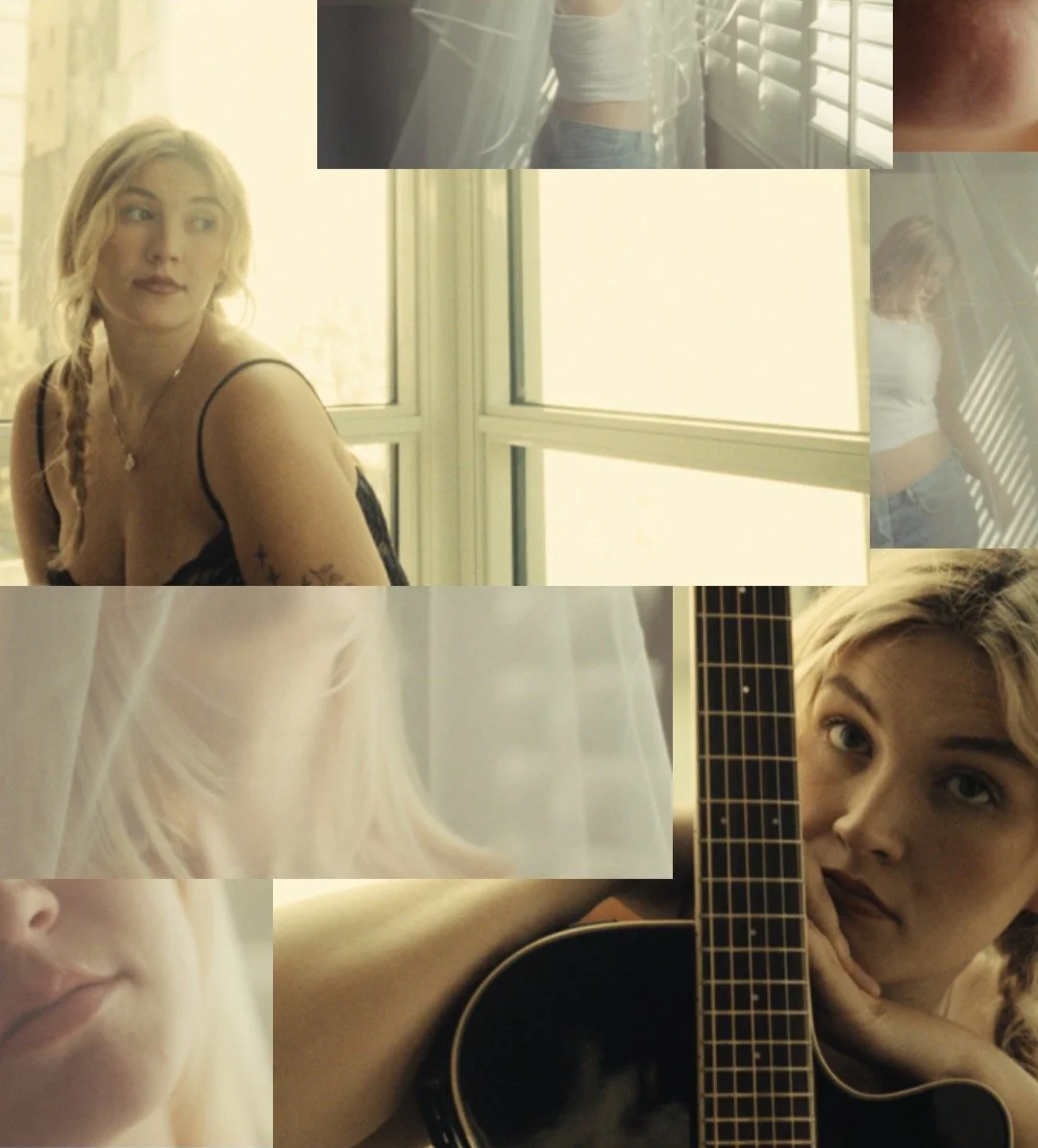 A collage of photos featuring a young woman with blonde hair, posing by a window, holding a guitar, and in various casual outfits. Some images focus on her face, hand, and the guitar.