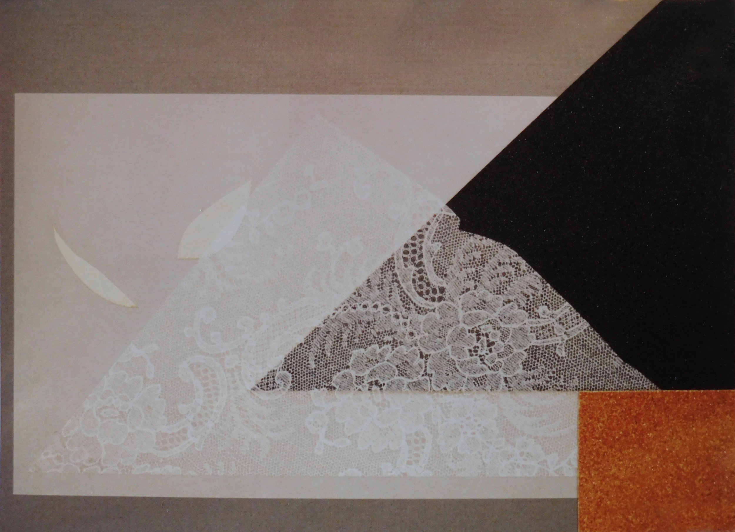 Abstract Image, 1990, Collage with Sandpaper, Lace and Foil, 16x20 inches with mat, Private Collection