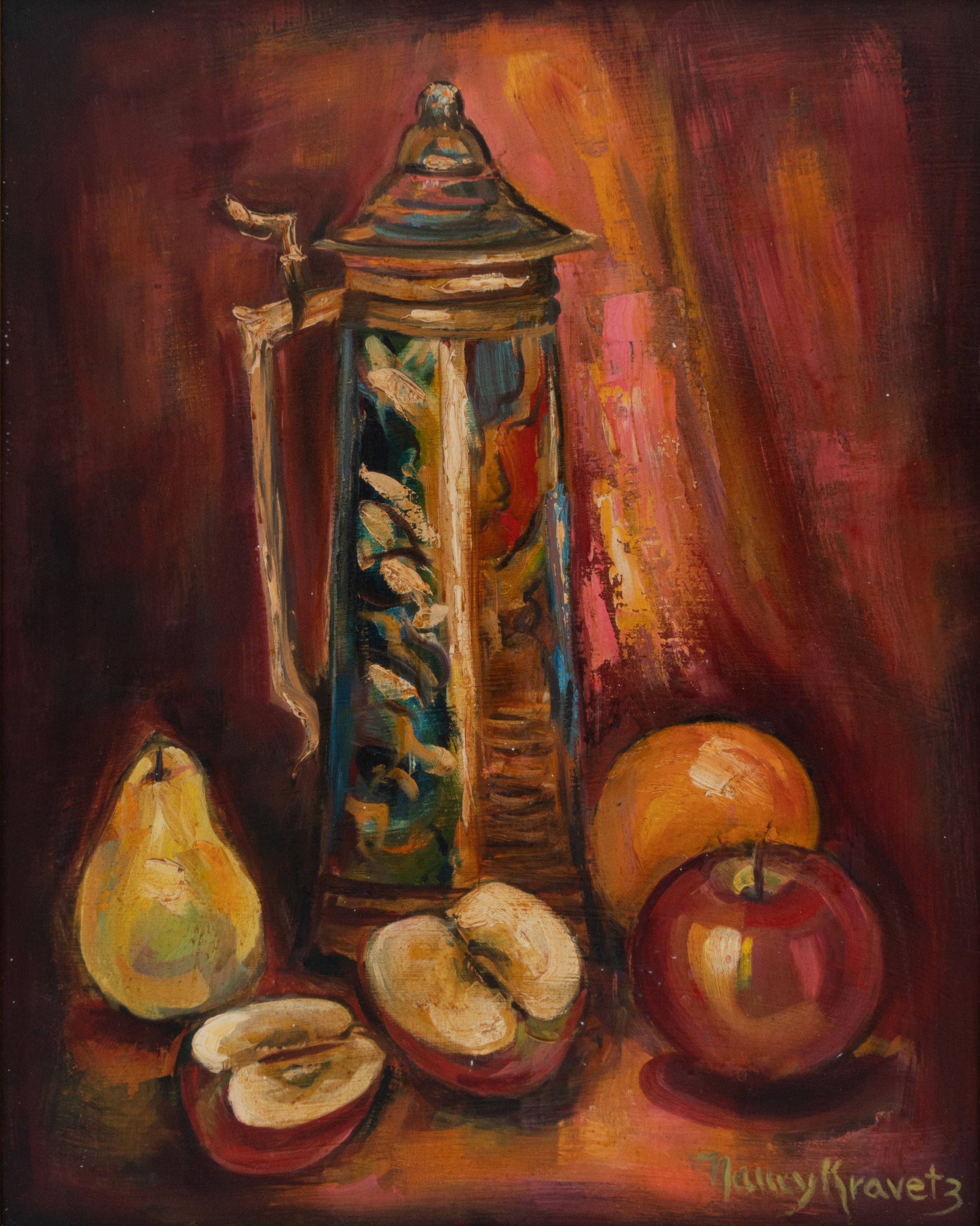 Pitcher and Fruit, 1968, oil on masonite, 20x16 inches