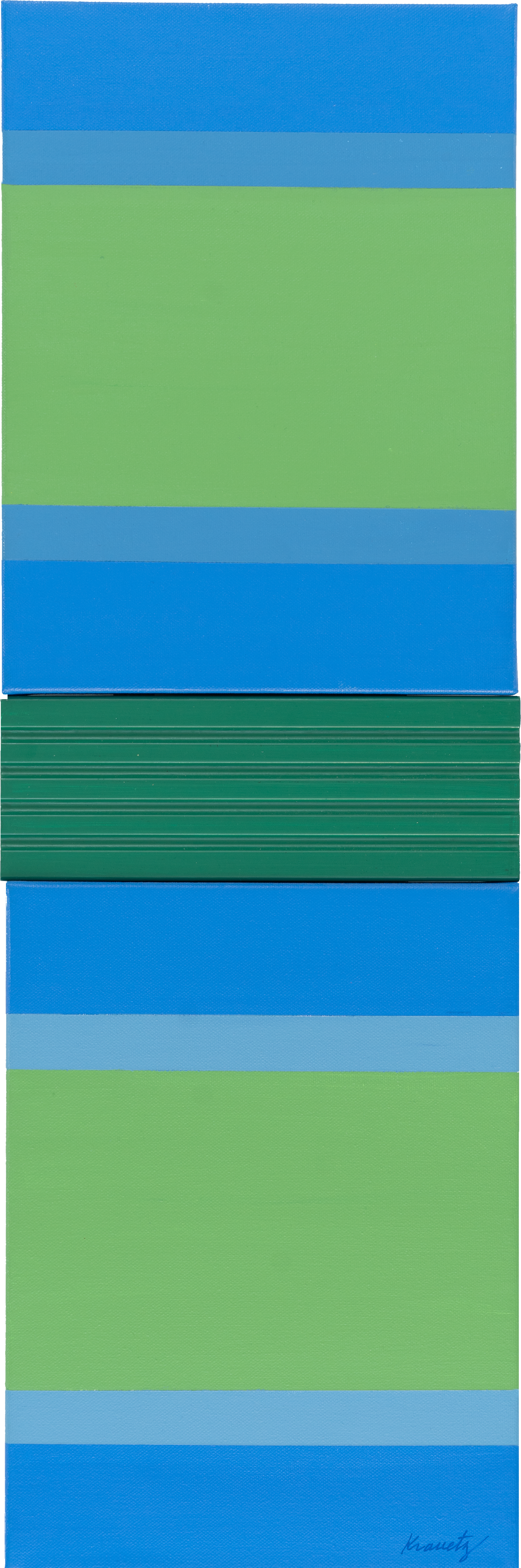 Color Stack (Blue, Green and Grey), 2023, acrylic on canvas and wood, 27.5x9 inches
