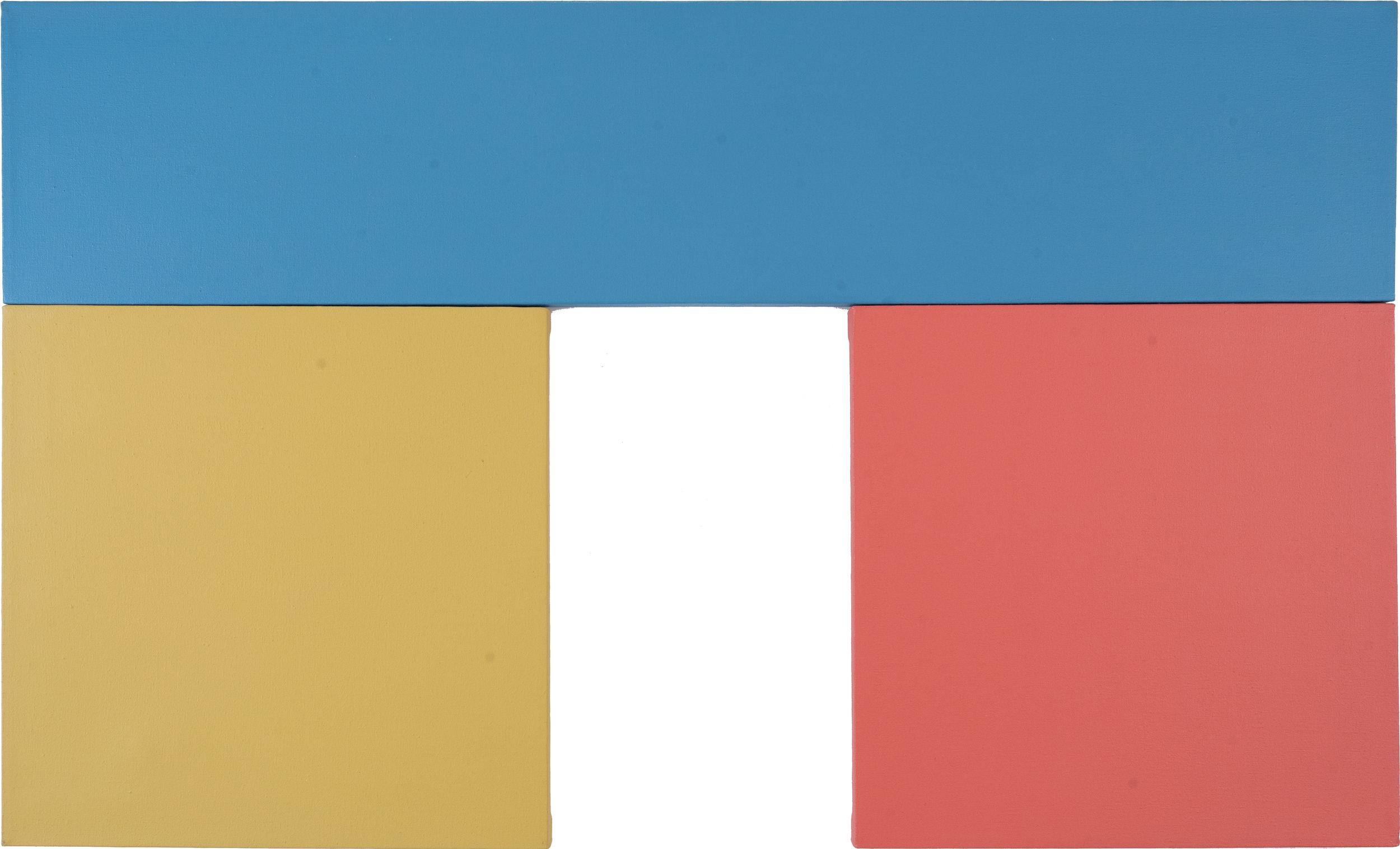 Three Panel Abstract Construction (Yellow, Blue and Orange), 1973, acrylic on canvas, 28x46 inches