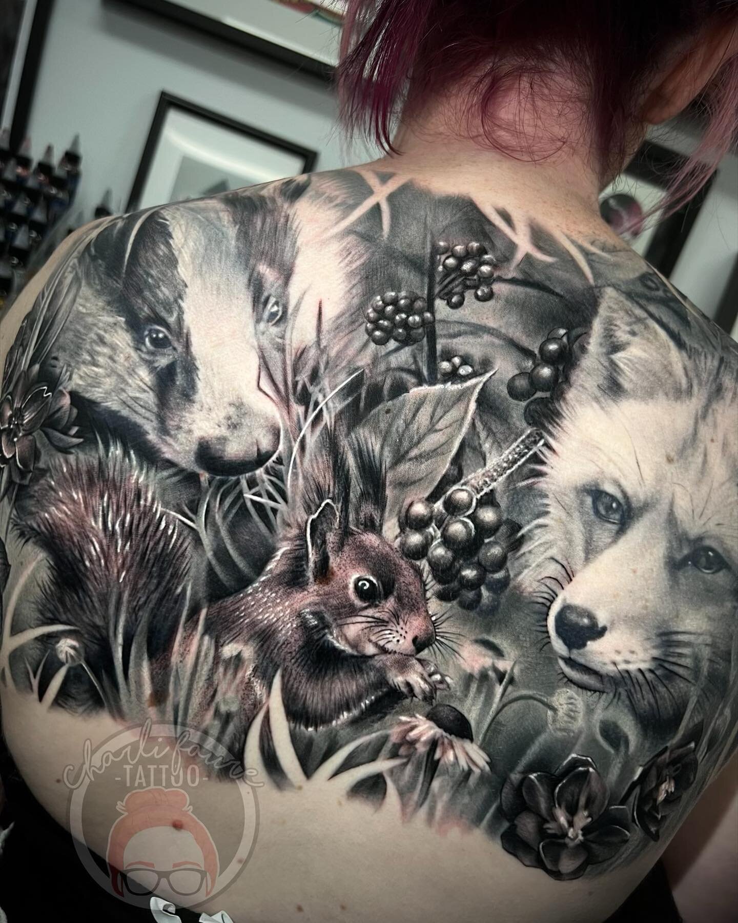 Can&rsquo;t thank Meg enough for the opportunity and pleasure of doing this big tattoo project for her. A beautiful nod to her British heritage with these native animals and florals. There&rsquo;s a few cover ups in here, a feather on the left, dande