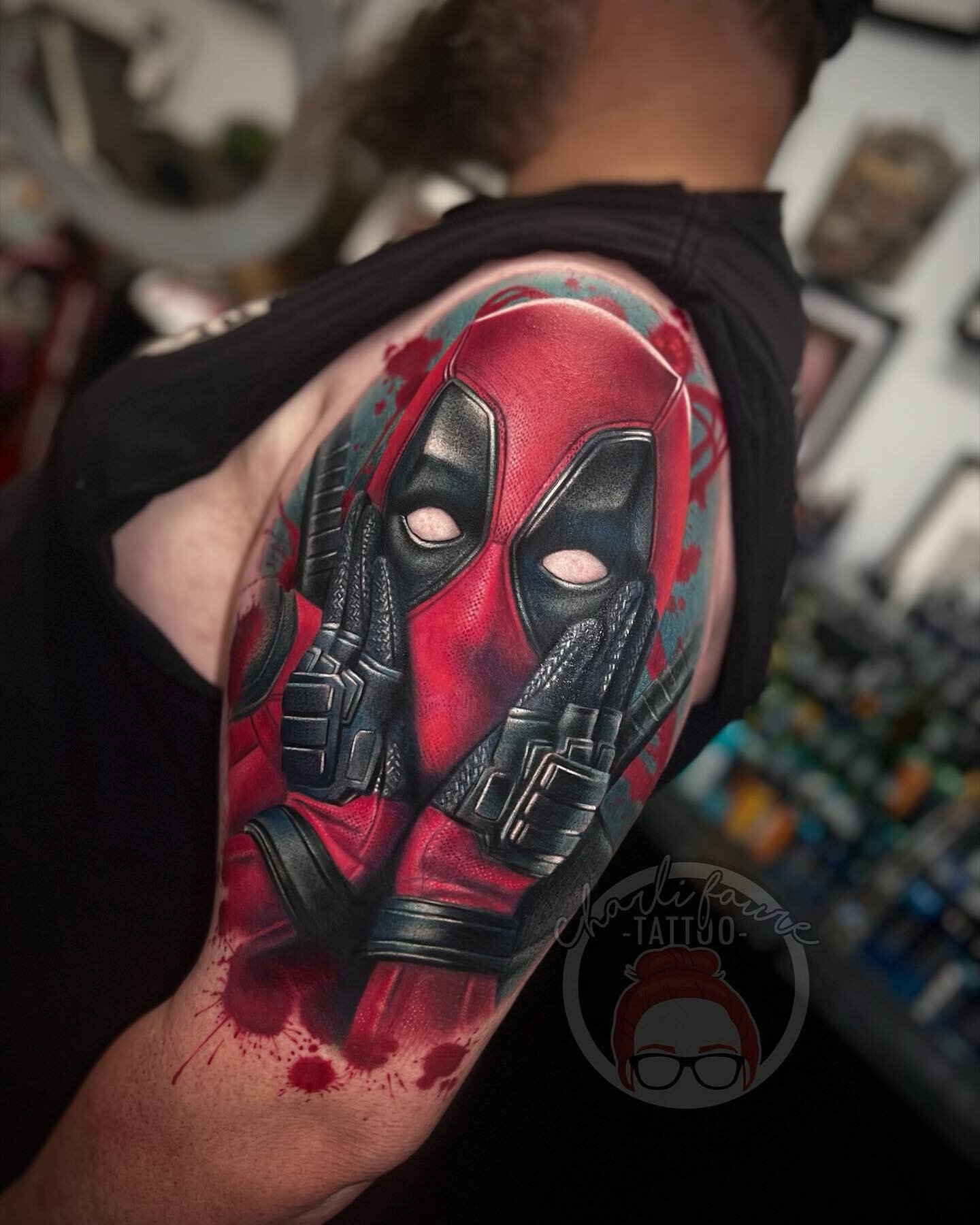 I am so stoked with how this Deadpool came out! I would LOVE to tattoo more movie characters like this please! Can&rsquo;t thank Cameron enough for trusting me. Half of the tattoo is healed here and I&rsquo;ll share a fully healed photo in my story. 