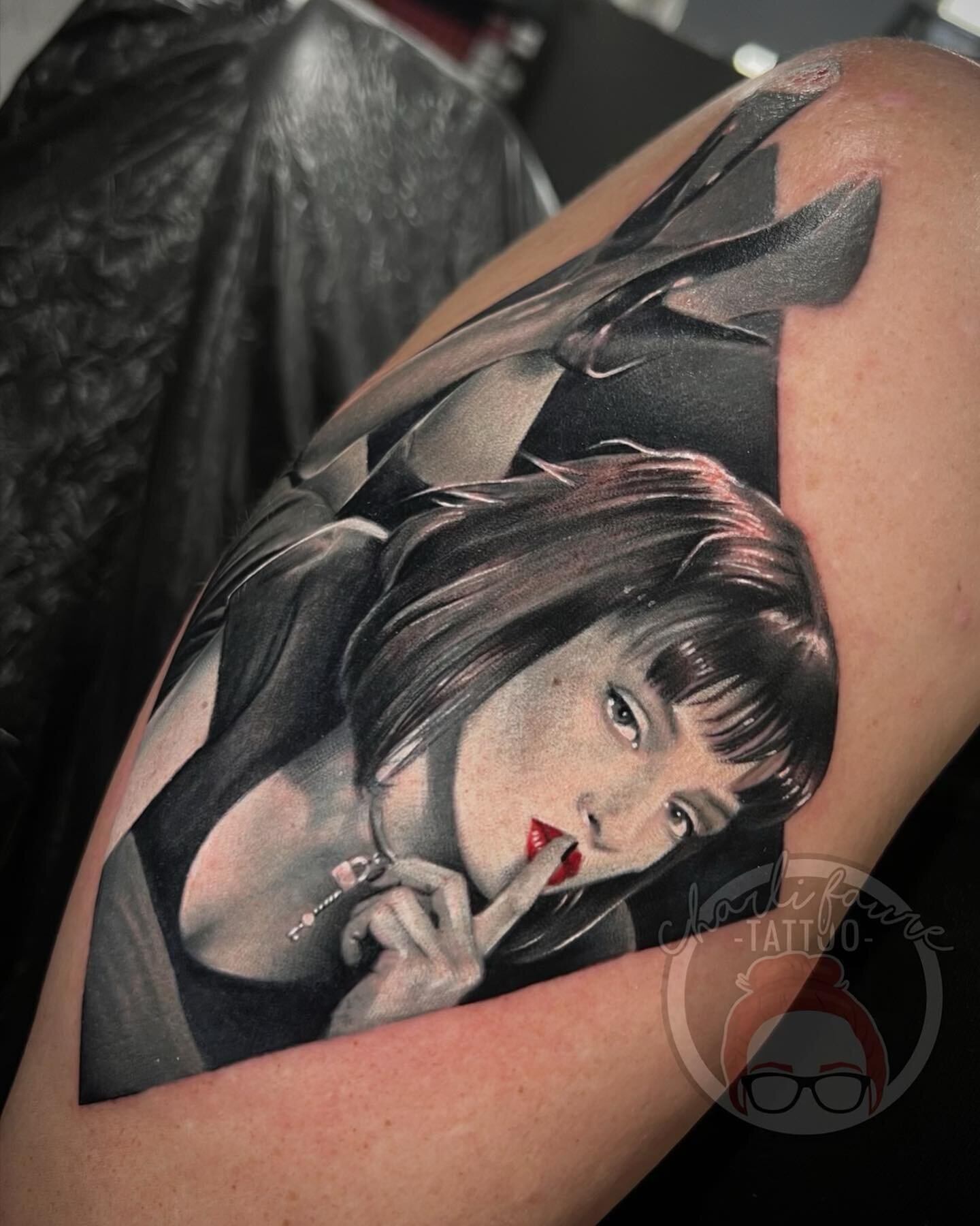 Here&rsquo;s a fun little twist on Mia Wallace from Pulp Fiction. Such a vibe 🥰 we will be continuing some florals around her in colour soon! 
.
.
@tattoo_power_north_canberra @chriscashmore #canberratattoo #tattooconnect #tattoocanberra @tattooconn