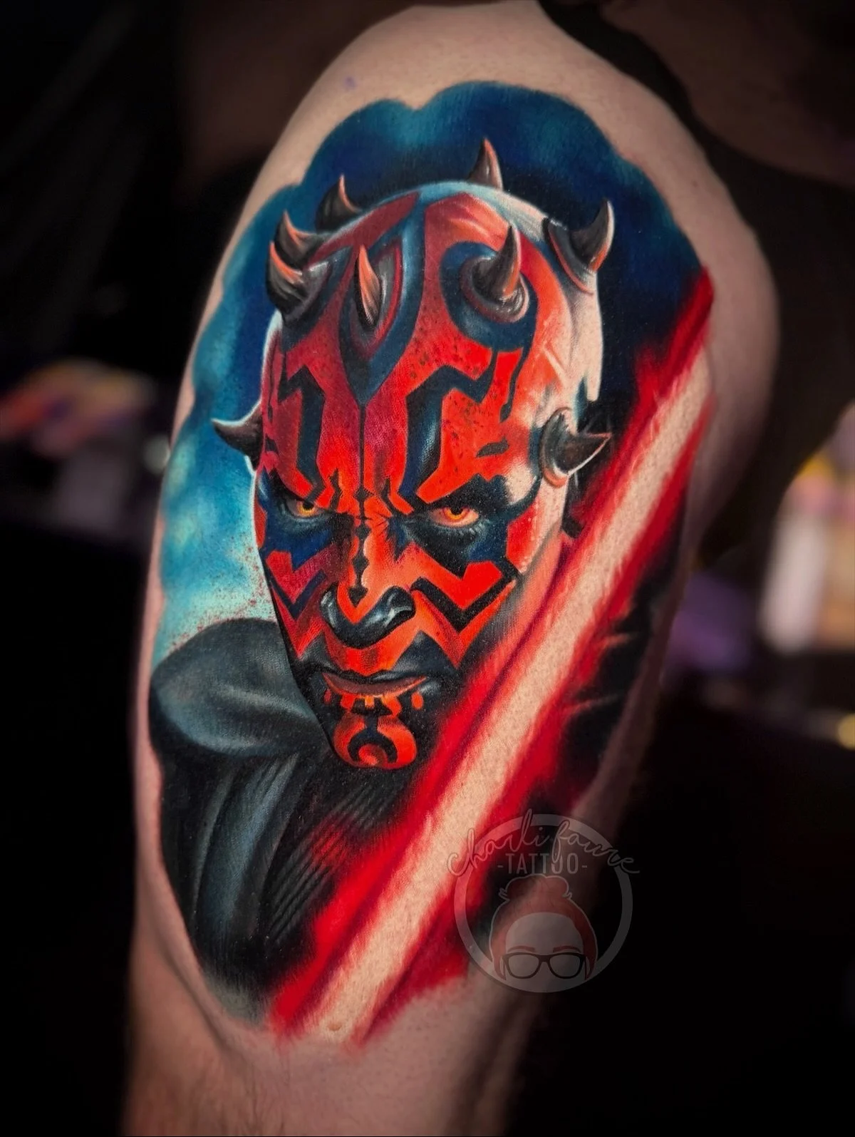 Had so much fun tattooing this Darth Maul portrait on my good friend @grinz_tattoo while at the @theirongatetattooconvention &hearts;️
I always love doing pop culture portraits!
&bull;
Please feel free to fill out a booking form via  charlifaure.com 