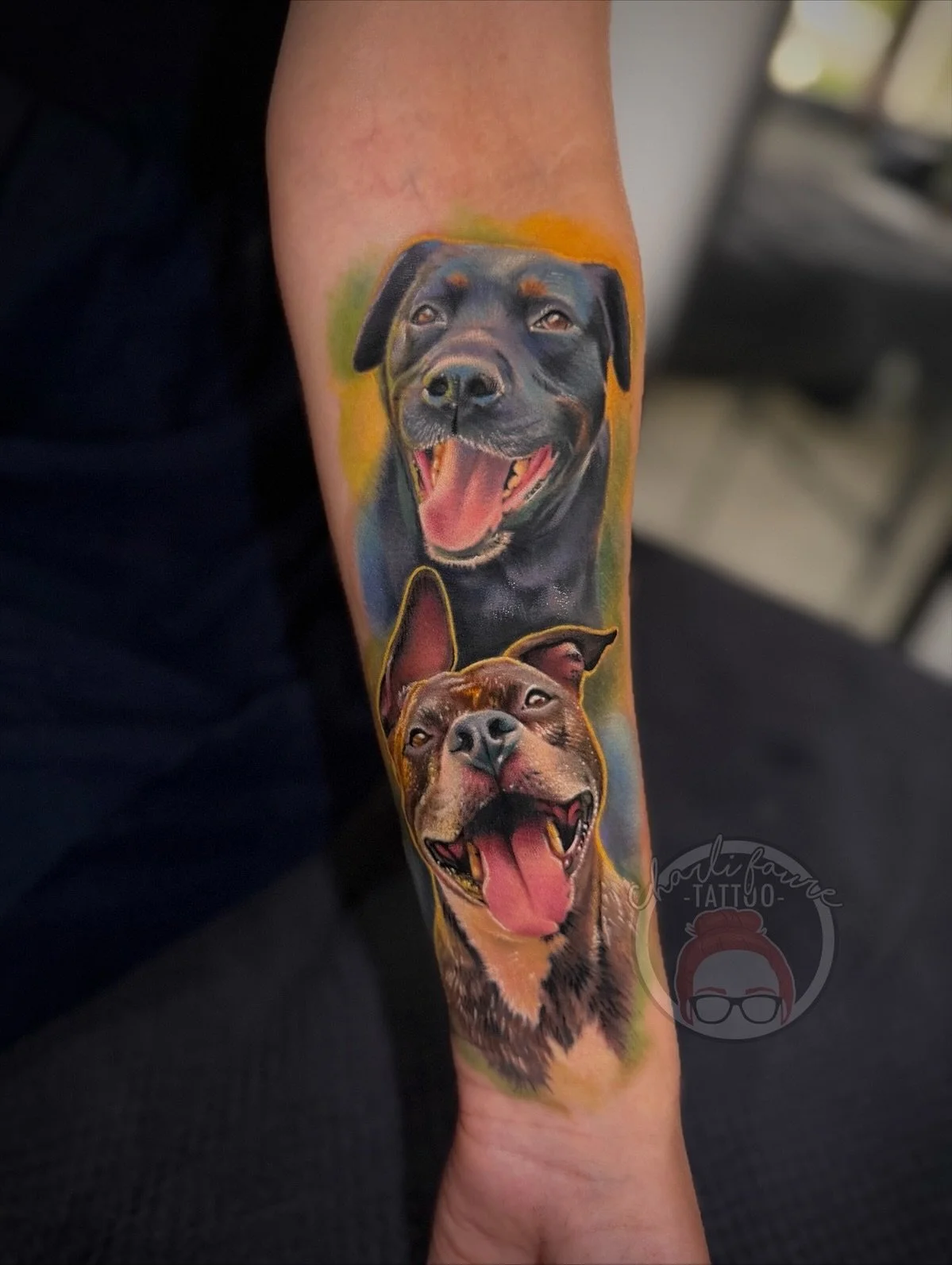 Thanks for the trust with not just another tattoo but such a special tattoo of fur babies Madeleine 💕 I&rsquo;m always so honoured to be trusted with pet portrait tattoos. I absolutely love these adorable big smiley faces! 🥰
&bull;
Please feel free