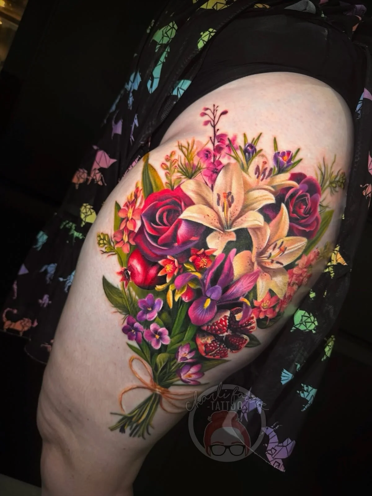 Thank you for the trust with such a beautiful cover up tattoo concept Madison. This Persephone bouquet was such a cool idea and I think it&rsquo;s turned out so well translated to tattoo plus covering the linework tattoo too! 
&bull;
Please feel free