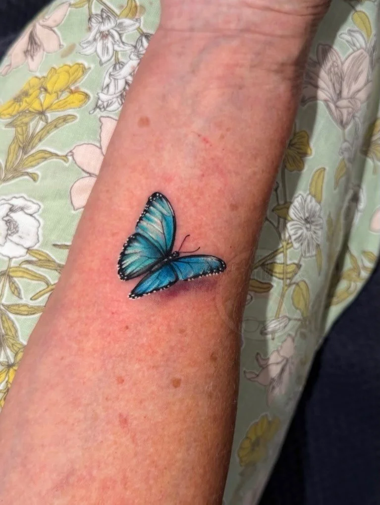 Such an honour to give Marja her first tattoo let alone such a meaningful tattoo to be trusted with. Thank you so much! Super cute little blue butterfly 🦋 
&bull;
Please feel free to fill out a booking form via  charlifaure.com 🖤

#canberratattoo #