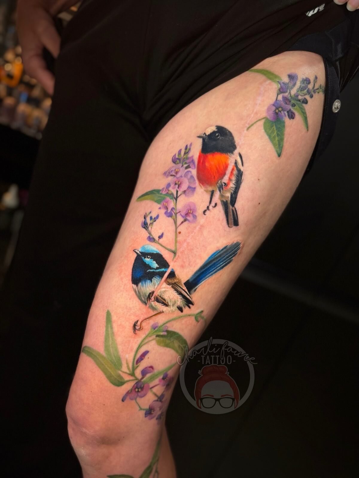 Thank you Jen for the trust with this beautiful project. Such an amazing concept idea! Purple coral pea plants as an extension to her surgical scars down her leg with a scarlet robin and blue wren. It turned out so beautiful! We are going to add anot