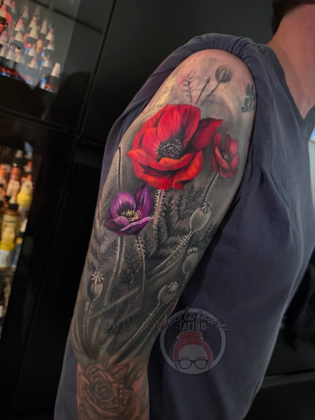 This was a tricky project but I was very excited to give Sara&rsquo;s tattoo a more realistic new life. The original tattoo is also a cover up. Eventually we will continue the tattoo to do above the poppies once surgery scars are completely healed an