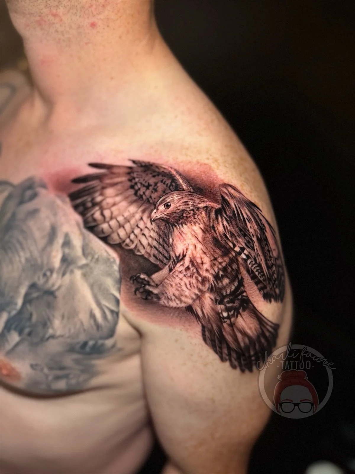 Thank you Ash for the continued trust to add the hawk to your collection. The snake and rabbit were the first part we tattooed and that area is around 8-9 years healed now! You can see more of the healed work along his chest in my recent reel

Please