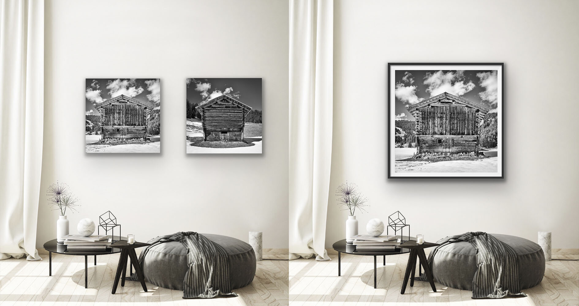  Here you can see the difference between a framed print to the right (Hahnemühle would suit this motive with a passe-partout, UV glass if needed, and a dark brown wooden frame) and frameless prints on aluminum dibond. 