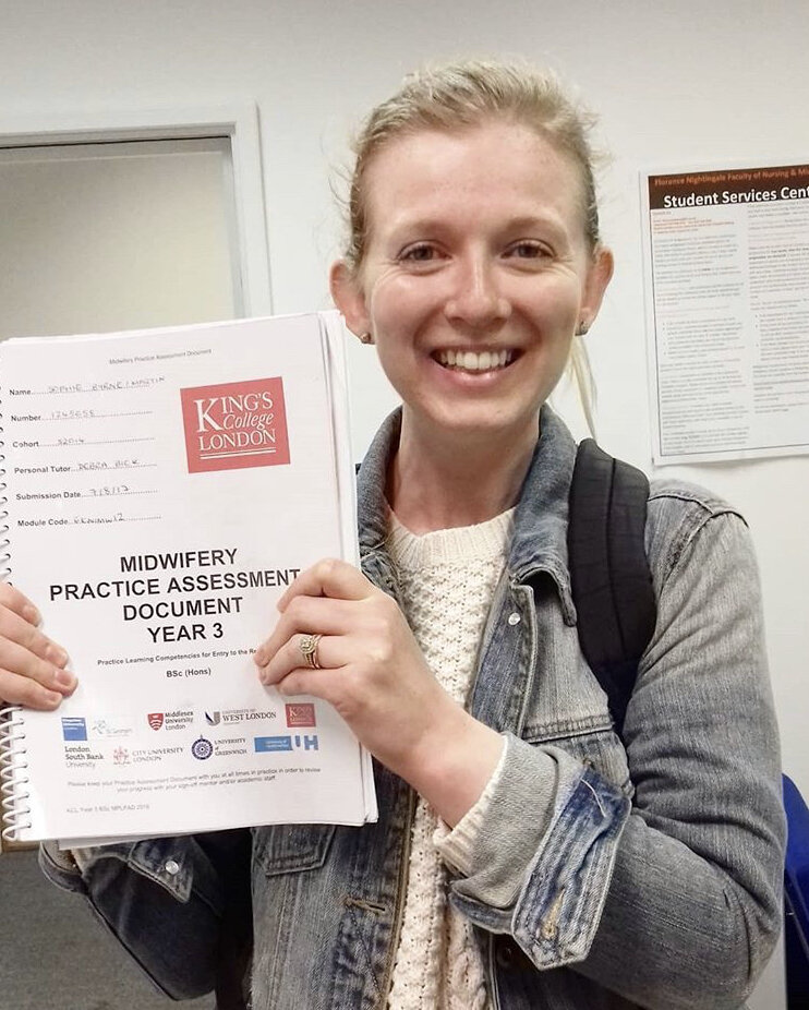 Sophie after passing one of her midwifery assessments. Photo: Sophie Martin/Lacuna Voices