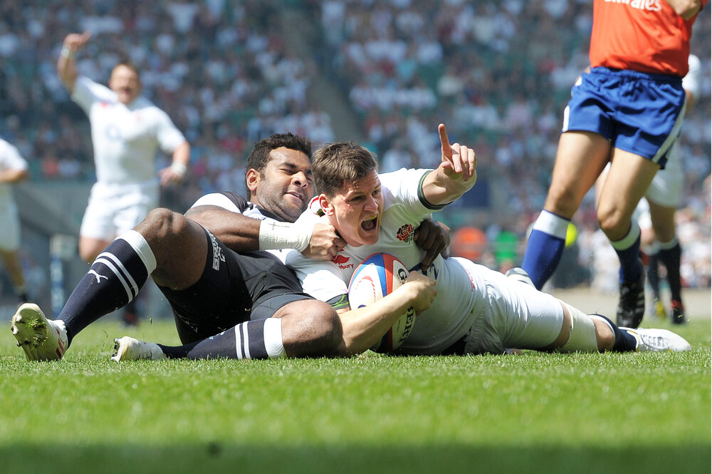Freddie scoring a try for England vs Barbarians at Twickenham in May 2013. Photo: Tim Ireland/Alamy Stock Photo