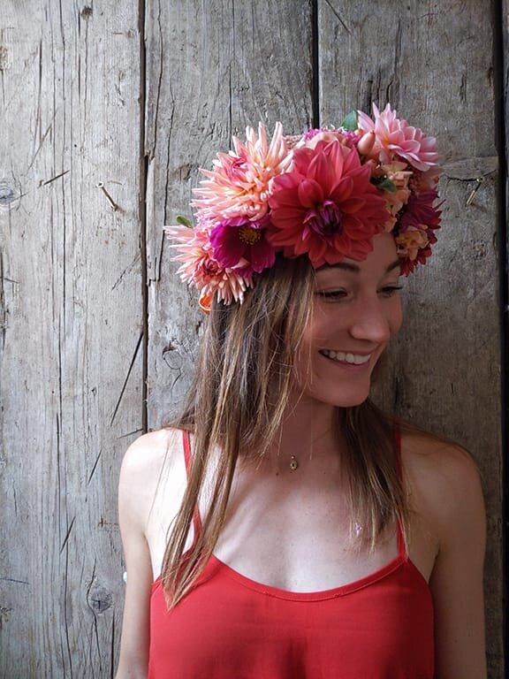 Poppy wearing a floral headband she made. Photo: Poppy Emuss
