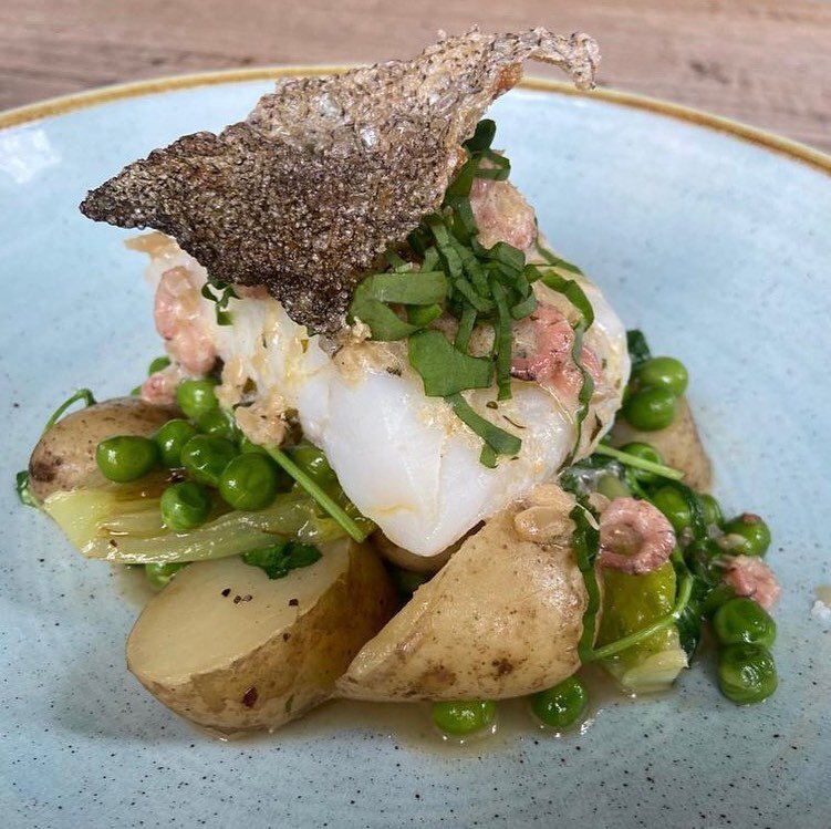 Our new exciting, fresh, seasonal menu has hit with much success 

Our beloved Cesar salad, with crispy chicken skin and Parmesan 

The fillet of pollock, with jersey royals, little gem, fresh peas, topped off with potted shrimp 🍤 and sorrel butter