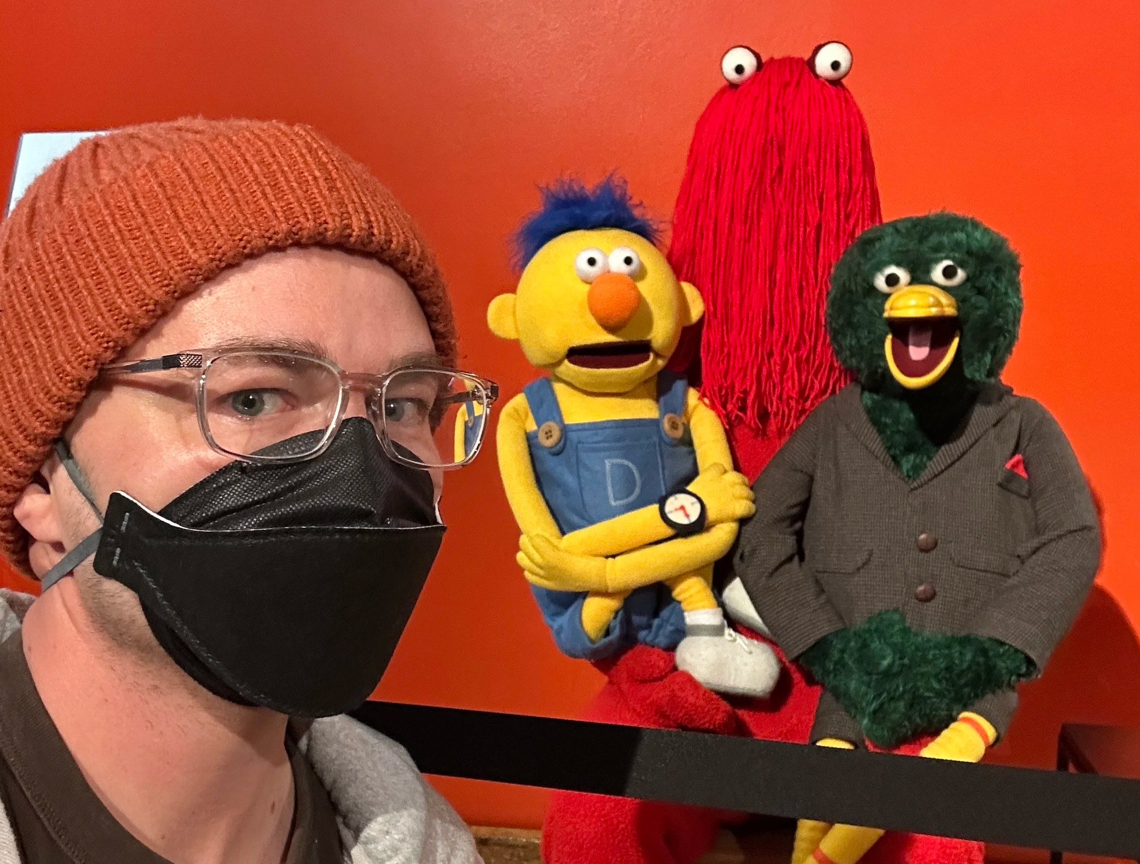 Photo of Chicken Fruit's Jonny with the puppets from Don't Hug Me I'm Scared at InMotion Playgrounds 2025