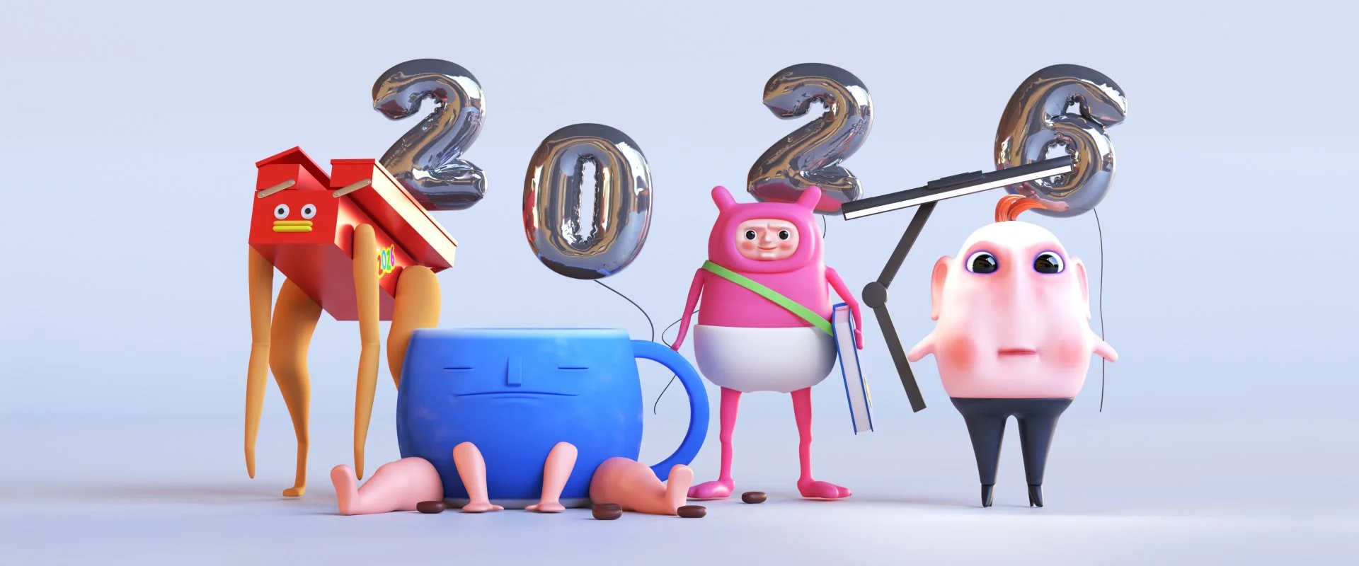 Four slightly ugly characters (a toolbox with legs, a fat mug with baby limbs, an ugly man in a pink costume and an egg with a face and legs) holding silver balloons in the shape of numbers: 2026