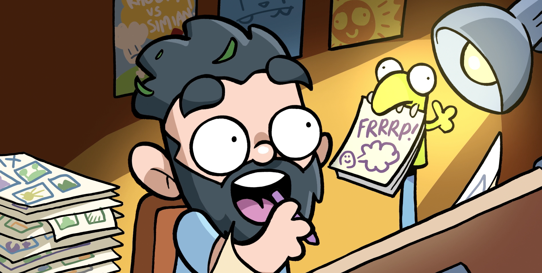 A cartoon image of Jamie Smart drawing at a desk. A frog puppet (Mister Frogburt) next to him is holding a paper that says "FRRRP!" with a picture of someone farting.